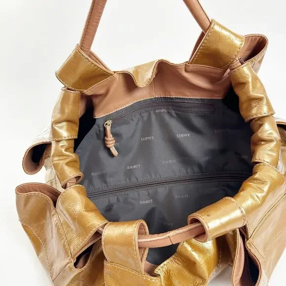 LOEWE Aire Bronze Gold Metallic Patent Leather Bag Medium Top Handle Crinkled - Picture 14 of 15